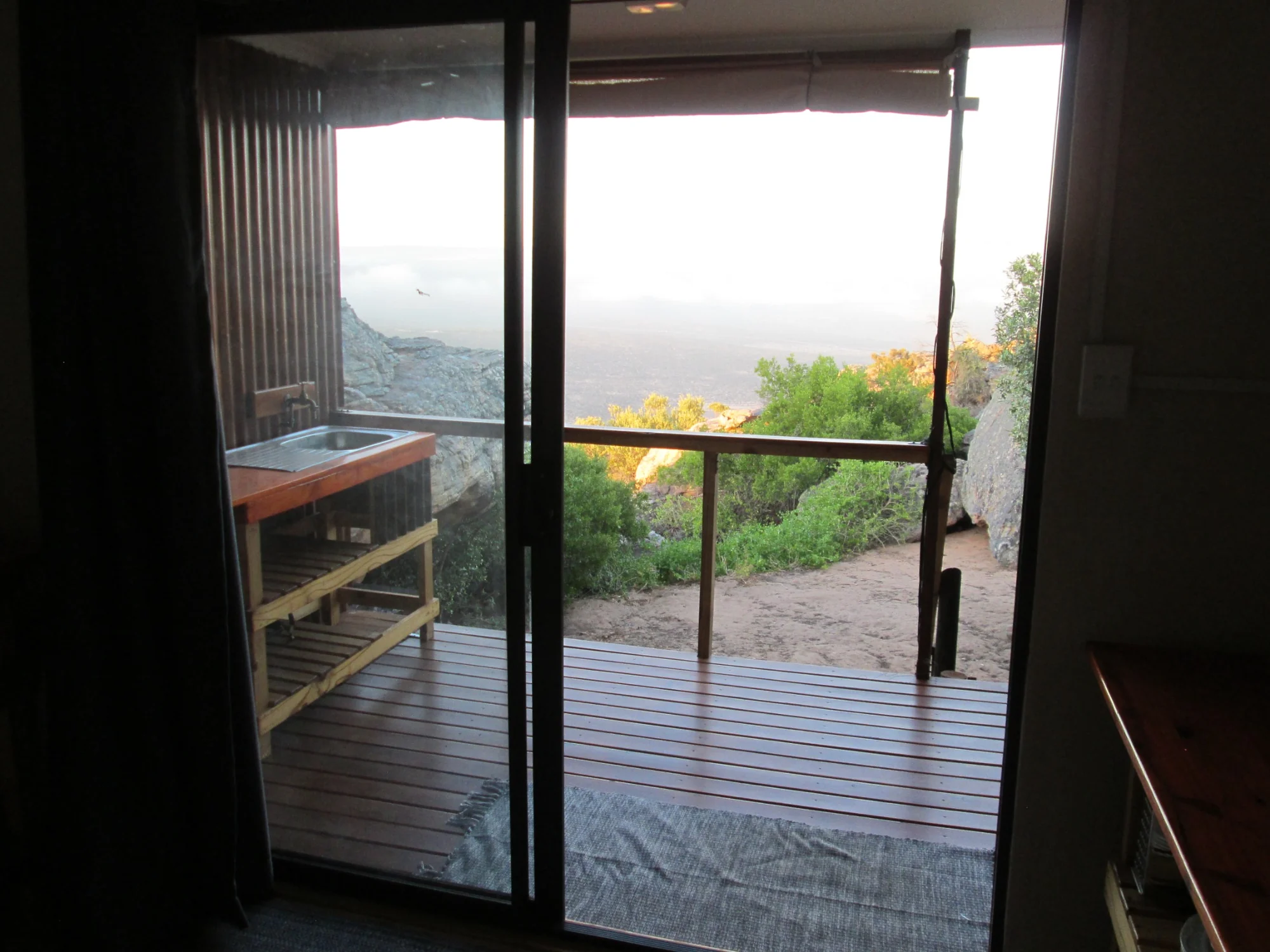 Sliding door and deck view from inside the Nardouw cabin